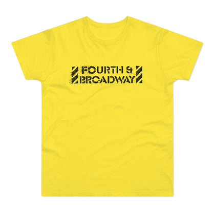 Bright yellow short-sleeved crew neck t-shirt featuring a black distressed "Fourth & Broadway" graphic on the chest.