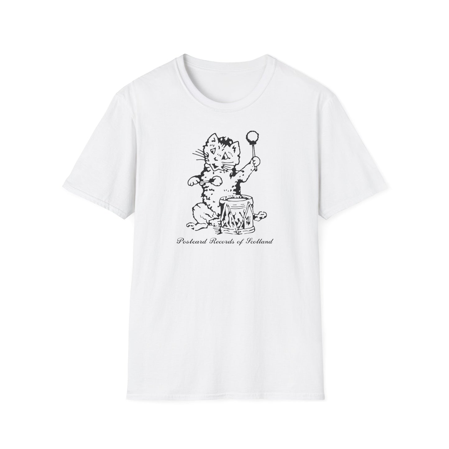 White t-shirt with black line drawing of a drumming cat and text "Postcard Records of Scotland".