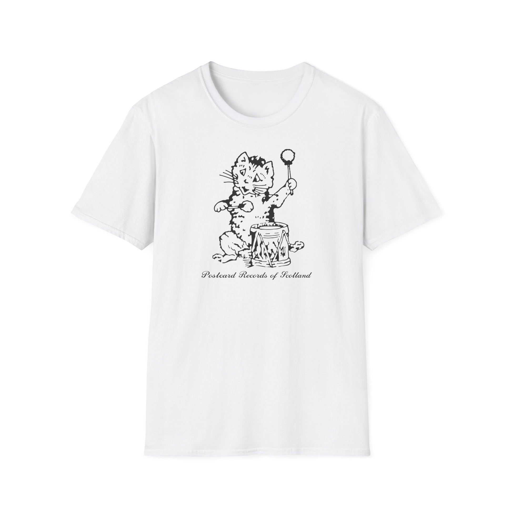 White t-shirt with black line drawing of a drumming cat and text "Postcard Records of Scotland".