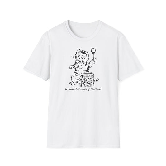 White t-shirt with black line drawing of a drumming cat and text "Postcard Records of Scotland".