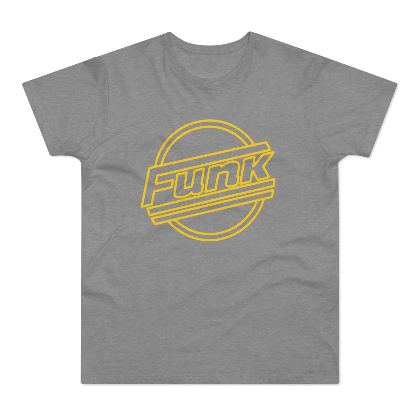 Grey t-shirt with yellow "Funk" text inside a circle and diagonal lines.