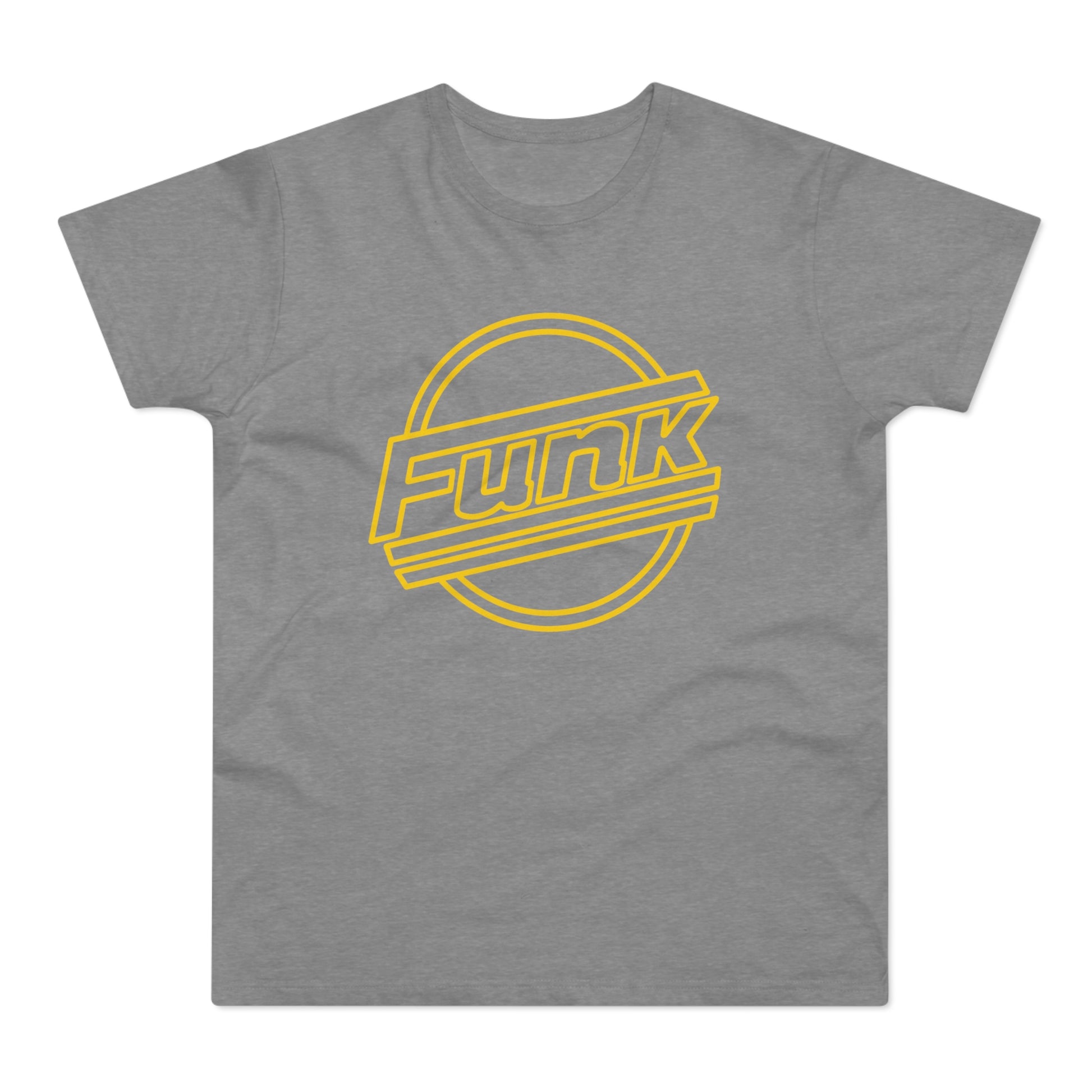 Grey t-shirt with yellow "Funk" text inside a circle and diagonal lines.