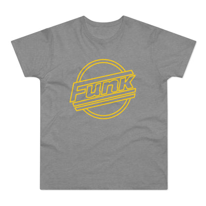 Grey t-shirt with yellow "Funk" text inside a circle and diagonal lines.