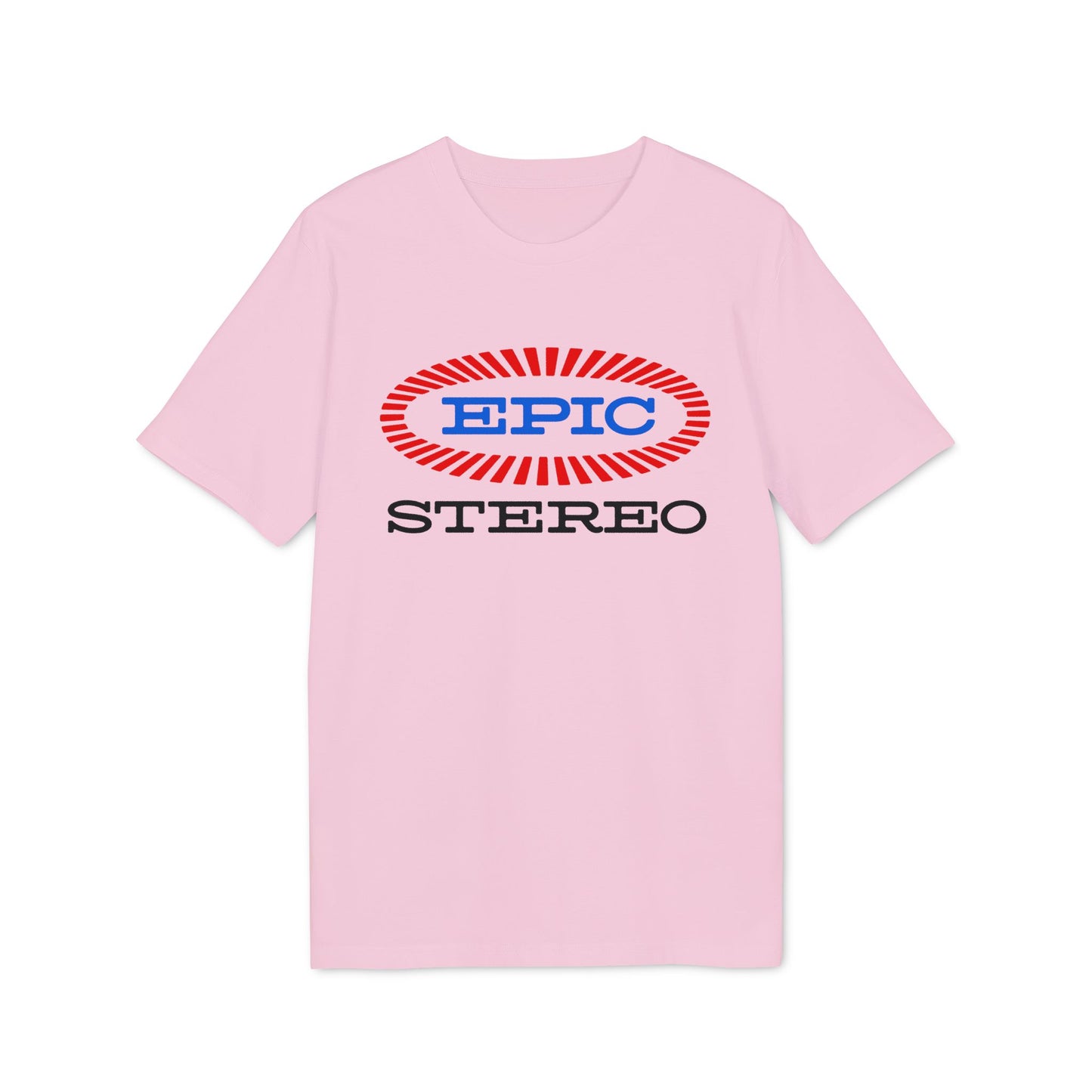 Pink t-shirt with blue "EPIC" inside a red ribbed oval and "STEREO" below.