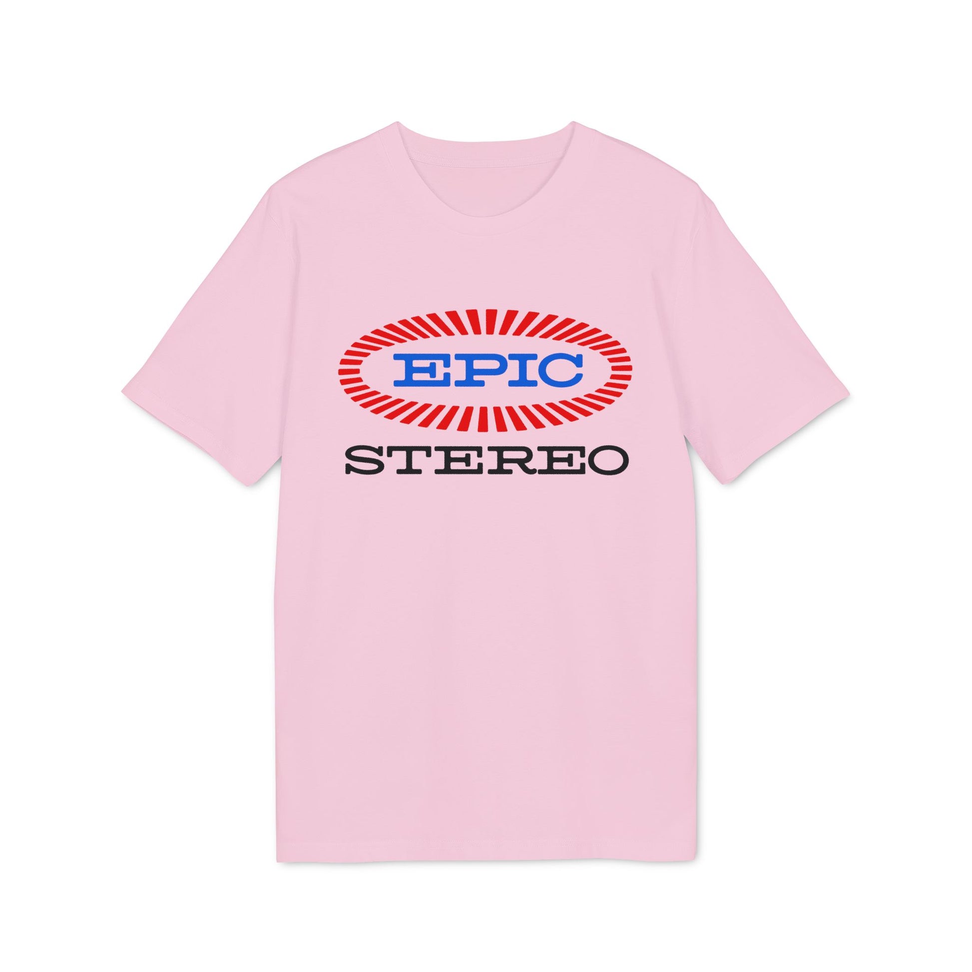 Pink t-shirt with blue "EPIC" inside a red ribbed oval and "STEREO" below.