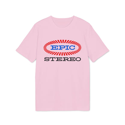 Pink t-shirt with blue "EPIC" inside a red ribbed oval and "STEREO" below.