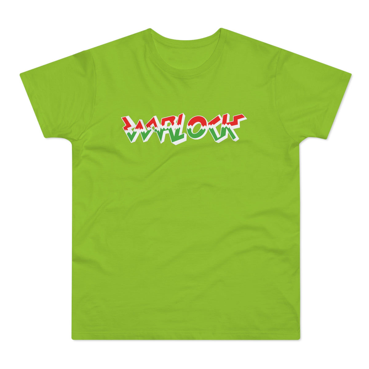 Lime green t-shirt with white, red, and green "WARLOCK" text.