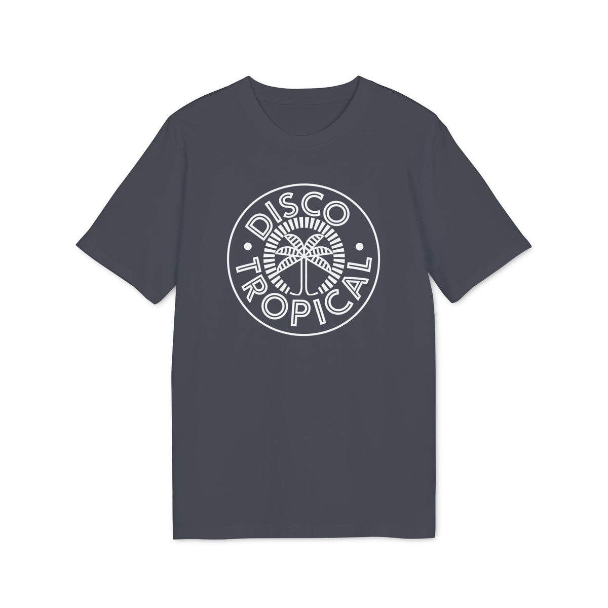 Charcoal t-shirt with white circular "DISCO TROPICAL" logo featuring a palm tree.