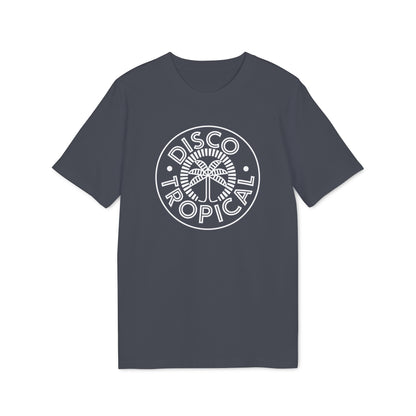 Charcoal t-shirt with white circular "DISCO TROPICAL" logo featuring a palm tree.