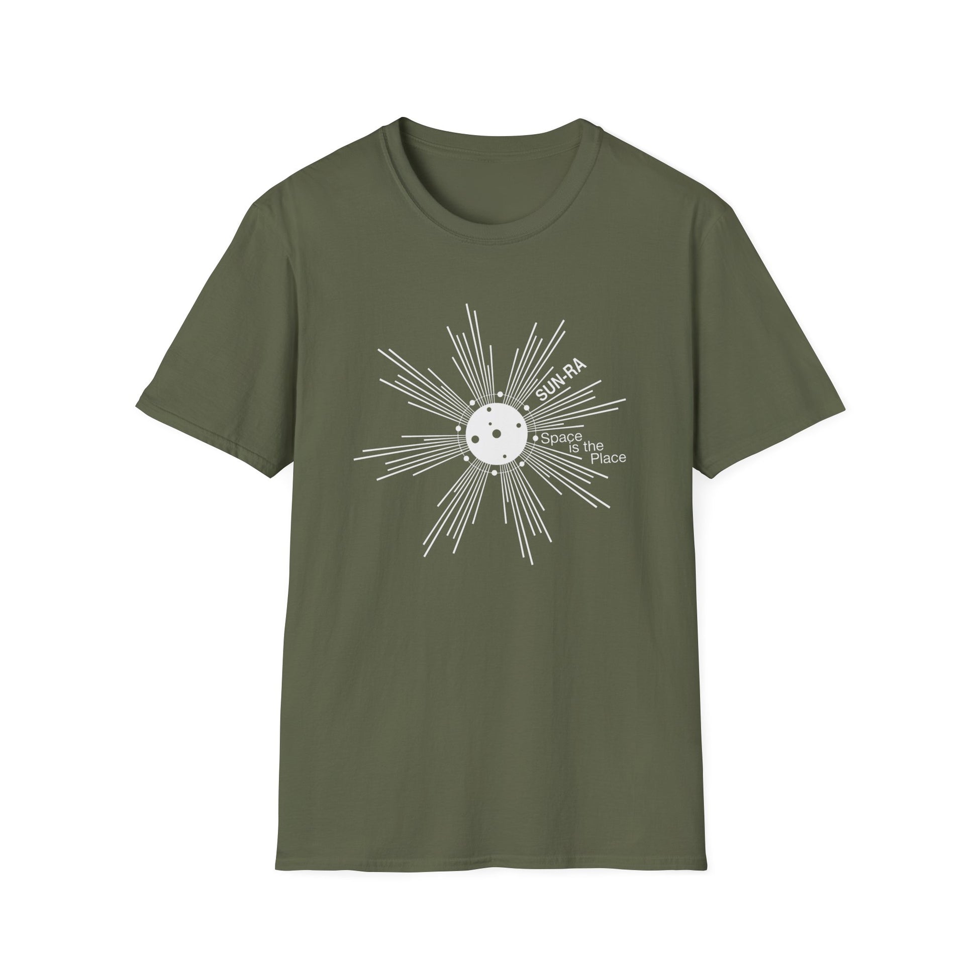 Olive green t-shirt with white Sun-Ra graphic and "Space is the Place" text.