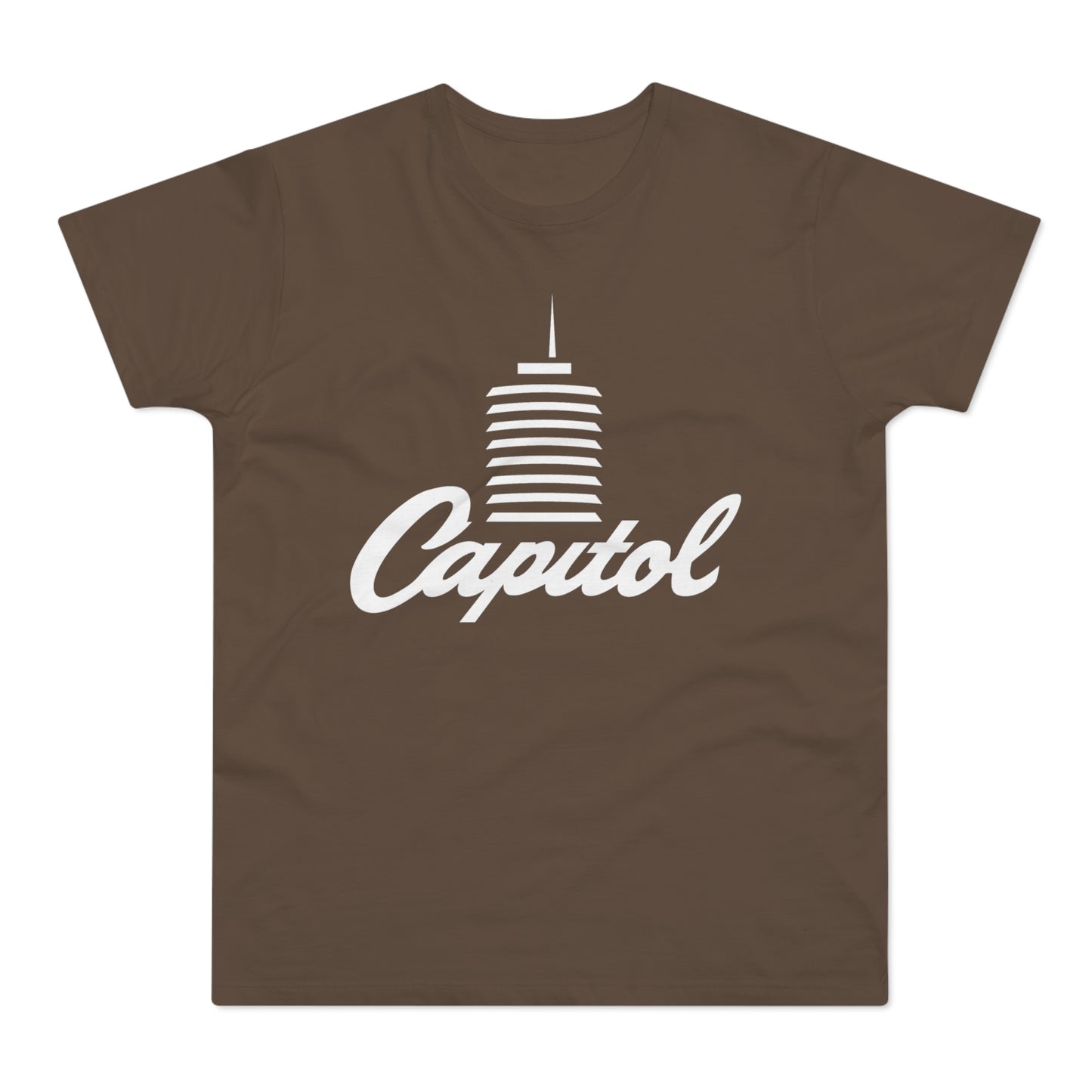 Brown t-shirt with white "Capitol" text and building graphic.