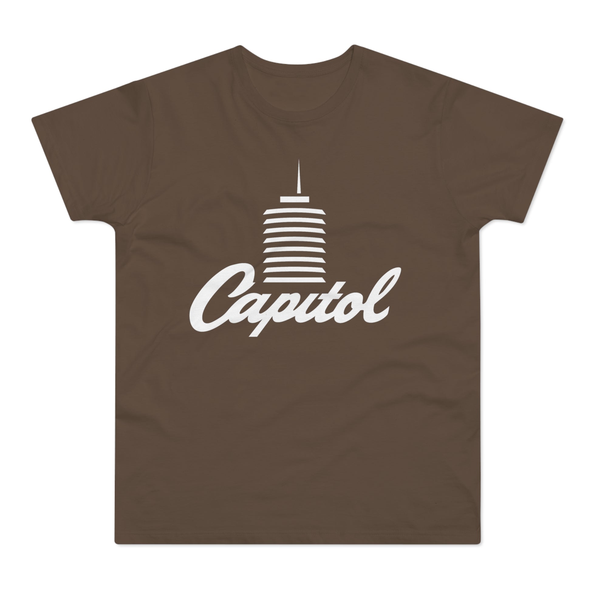 Brown t-shirt with white "Capitol" text and building graphic.