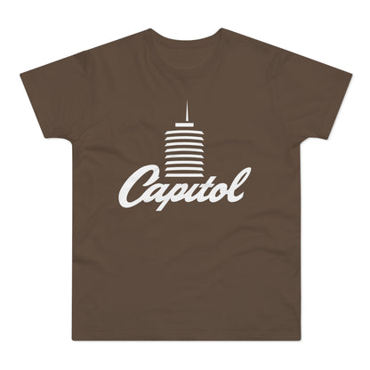 Brown t-shirt with white "Capitol" text and building graphic.