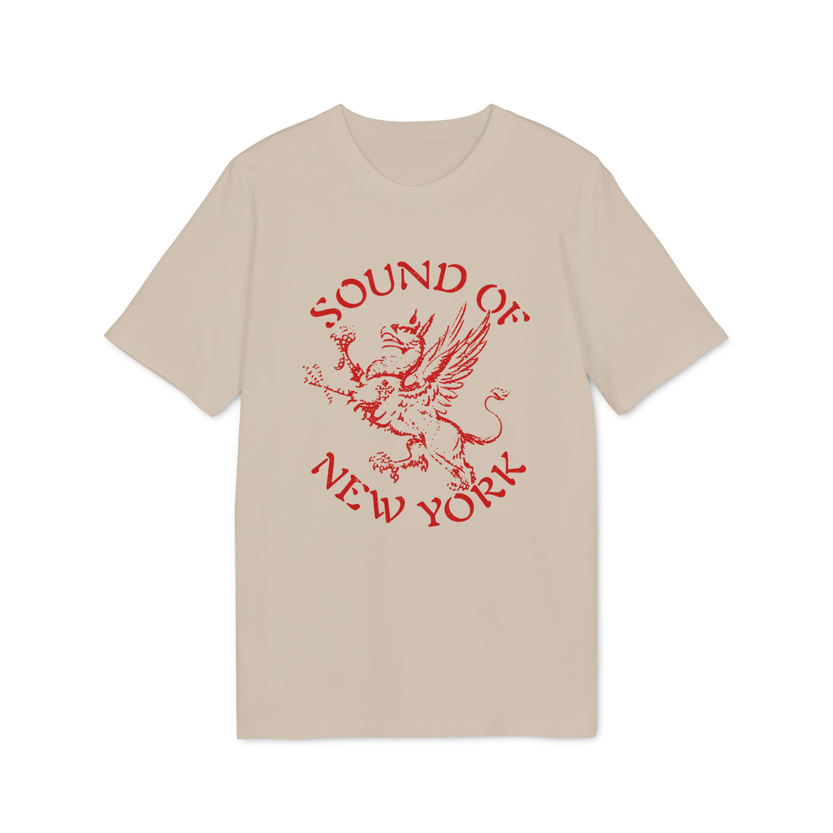 Beige t-shirt with red "Sound of New York" text and a griffin graphic.