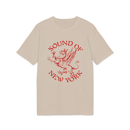 Beige t-shirt with red "Sound of New York" text and a griffin graphic.