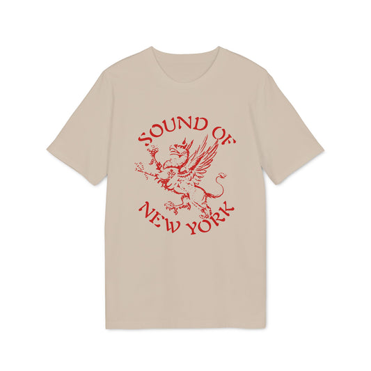 Beige t-shirt with red "Sound of New York" text and a griffin graphic.