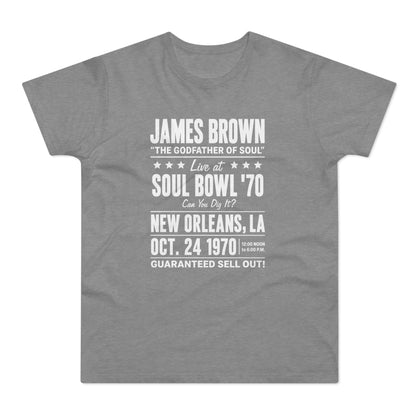 Grey t-shirt with "James Brown Soul Bowl '70" event details in white text.