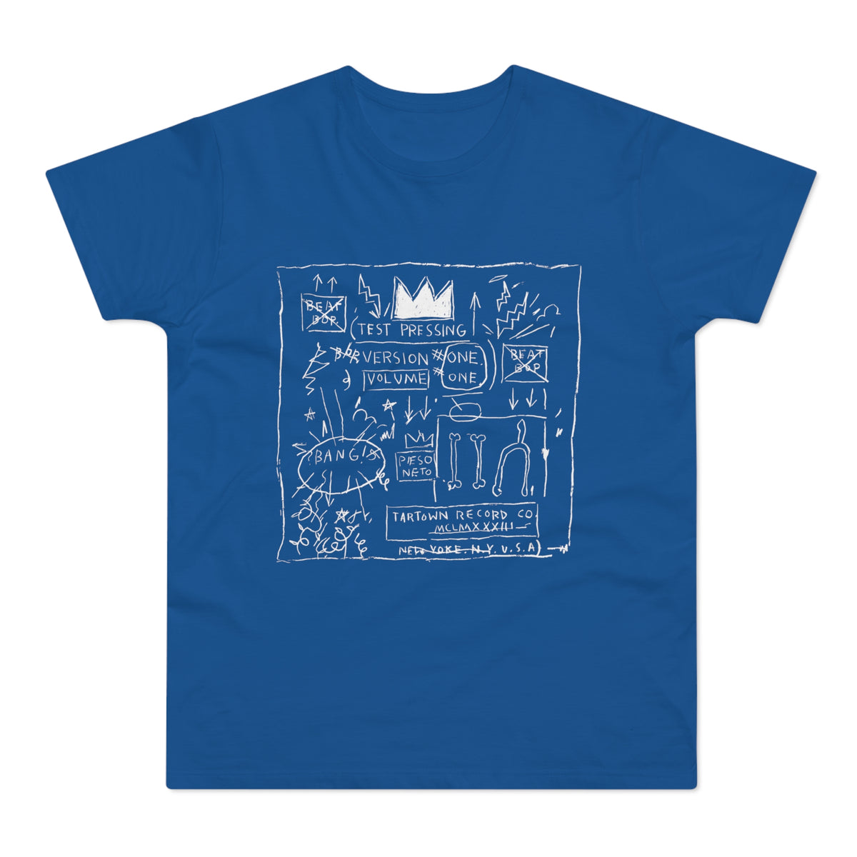 Blue t-shirt with white line art drawing including crown, text, and symbols.
