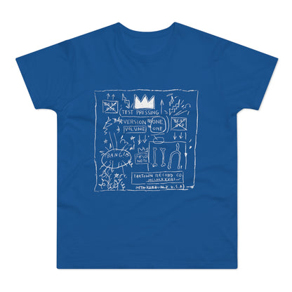 Blue t-shirt with white line art drawing including crown, text, and symbols.