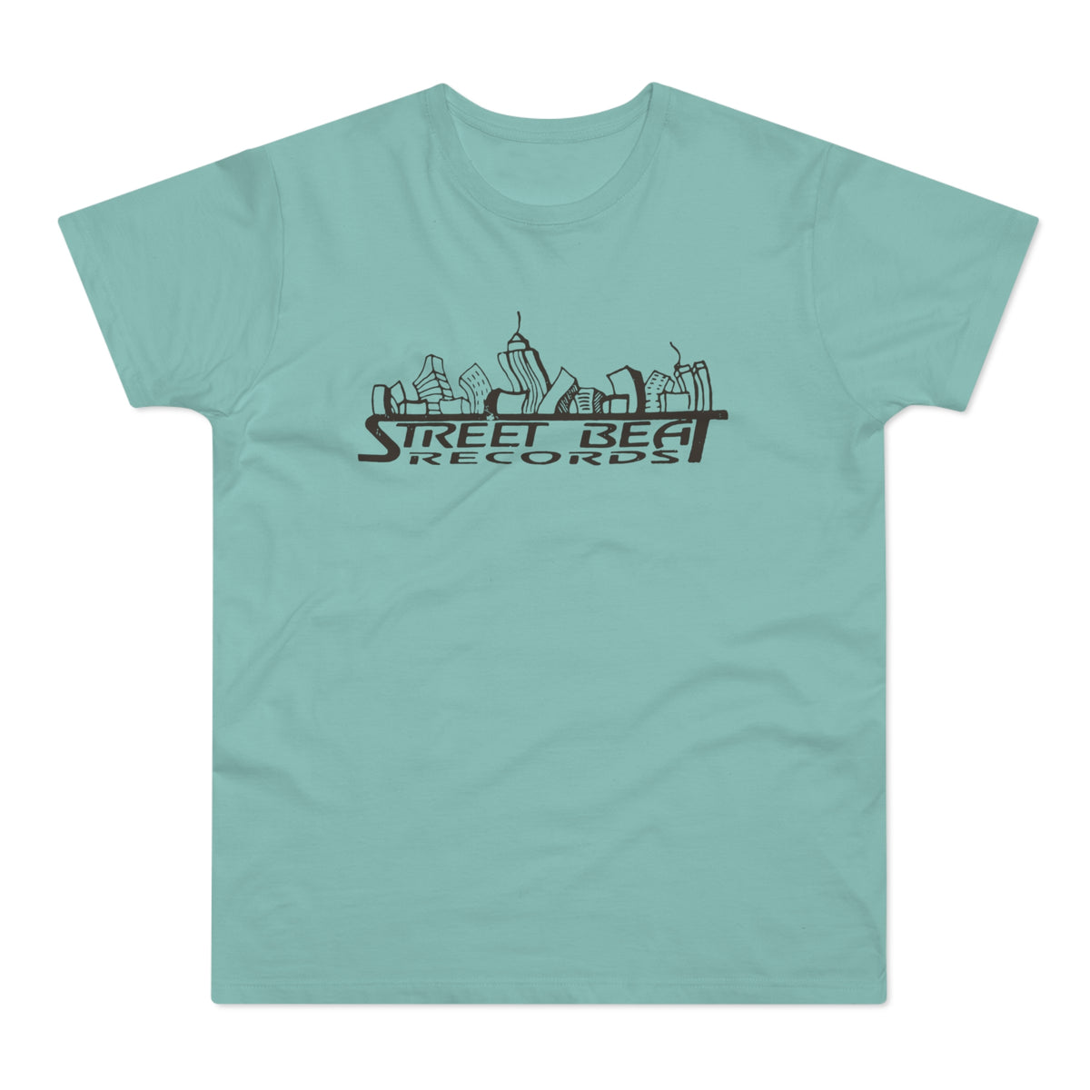 Teal t-shirt with dark brown skyline logo and text "STREET BEAT RECORDS".