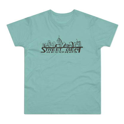Teal t-shirt with dark brown skyline logo and text "STREET BEAT RECORDS".