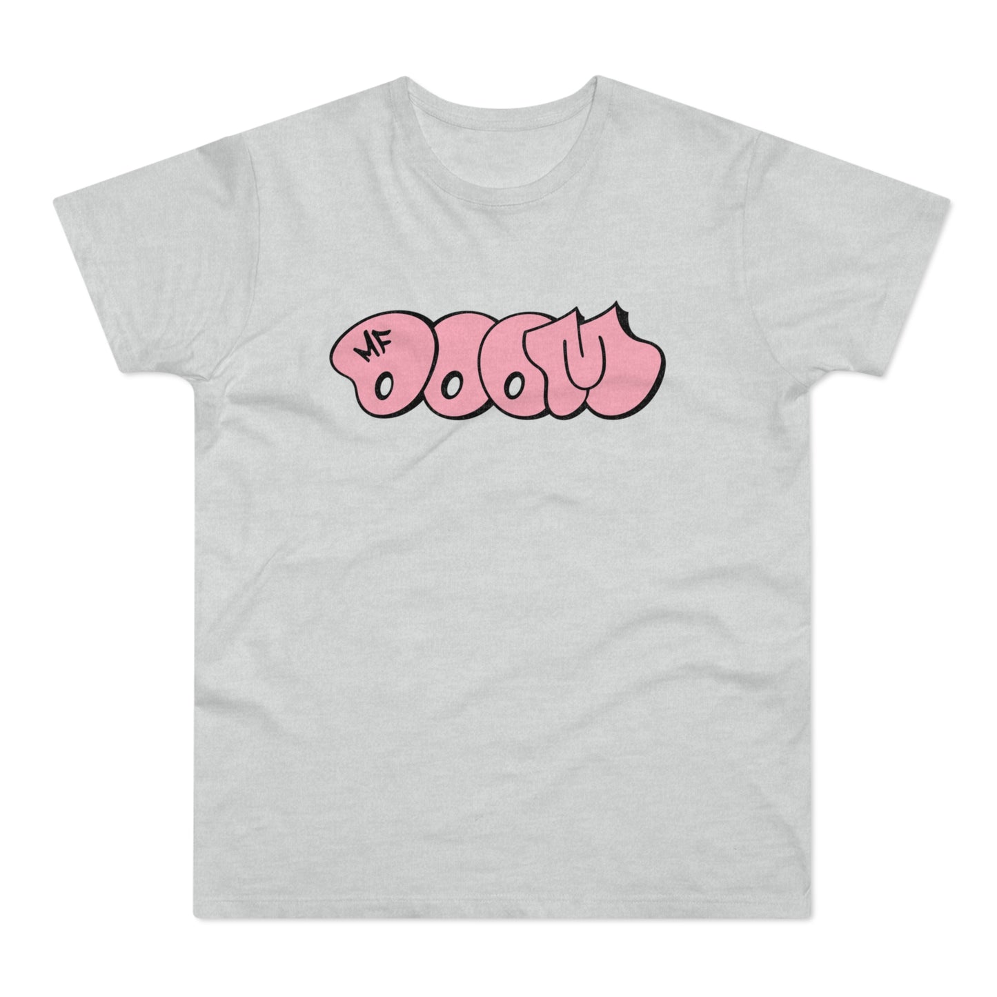 Grey t-shirt with pink bubble lettering that reads "MF DOOM".