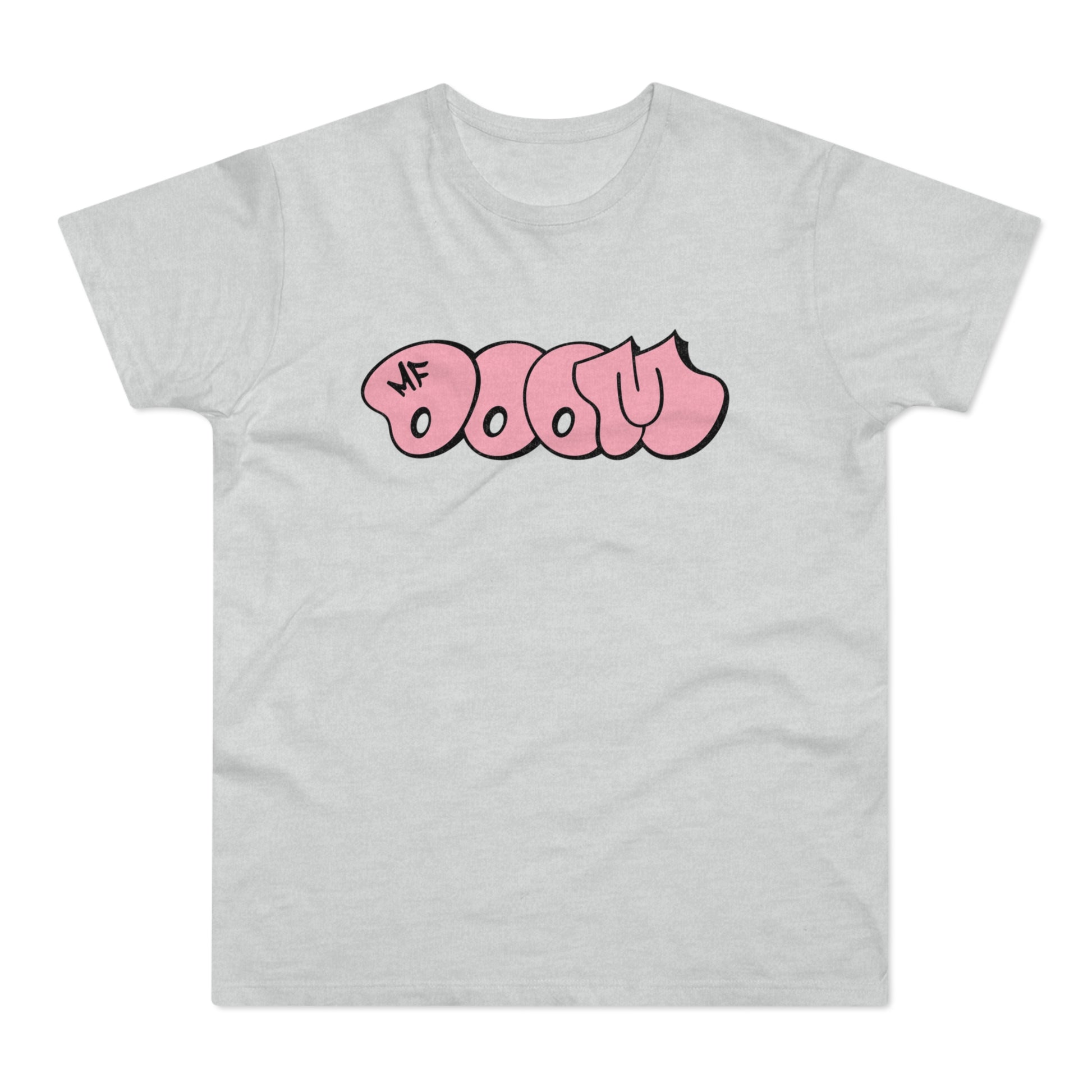 Grey t-shirt with pink bubble lettering that reads "MF DOOM".