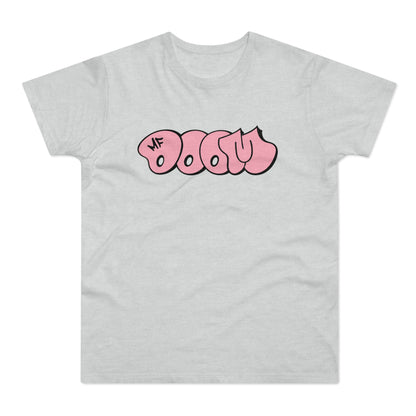 Grey t-shirt with pink bubble lettering that reads "MF DOOM".
