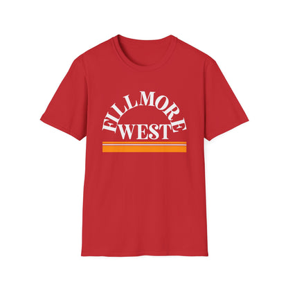 Red t-shirt with white "Fillmore West" text above horizontal stripes.