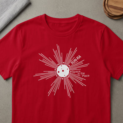 Red t-shirt with white Sun-Ra "Space is the Place" graphic featuring a sunburst and moon.