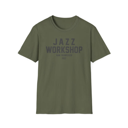 Green t-shirt with "JAZZ WORKSHOP SAN FRANCISCO 1957" text.