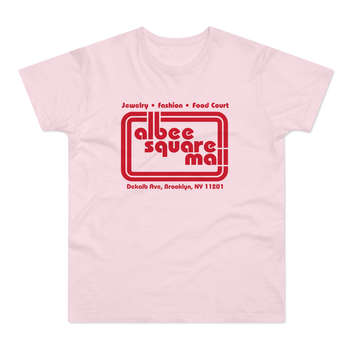 Pink t-shirt with red Albee Square Mall logo and address.