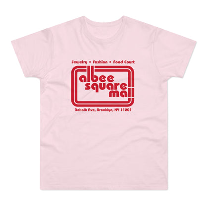 Pink t-shirt with red Albee Square Mall logo and address.