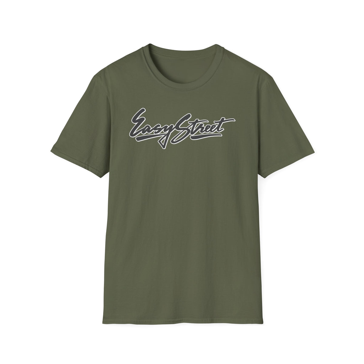Green t-shirt with "Easy Street" text in white outline and black fill.