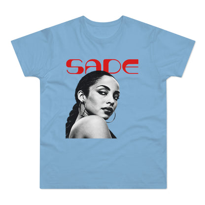 Light blue t-shirt with red "SADE" text and a black and white portrait of Sade.