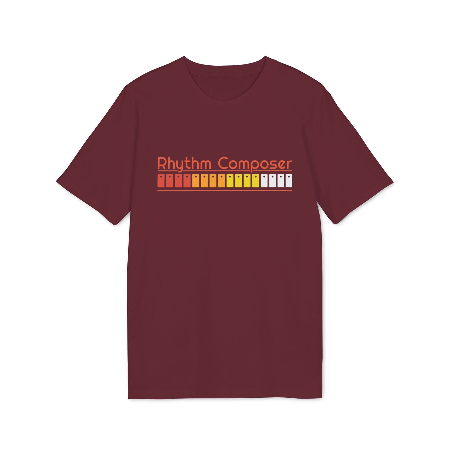 Maroon t-shirt with orange text and a rhythmic pattern.