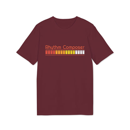 Maroon t-shirt with orange text and a rhythmic pattern.