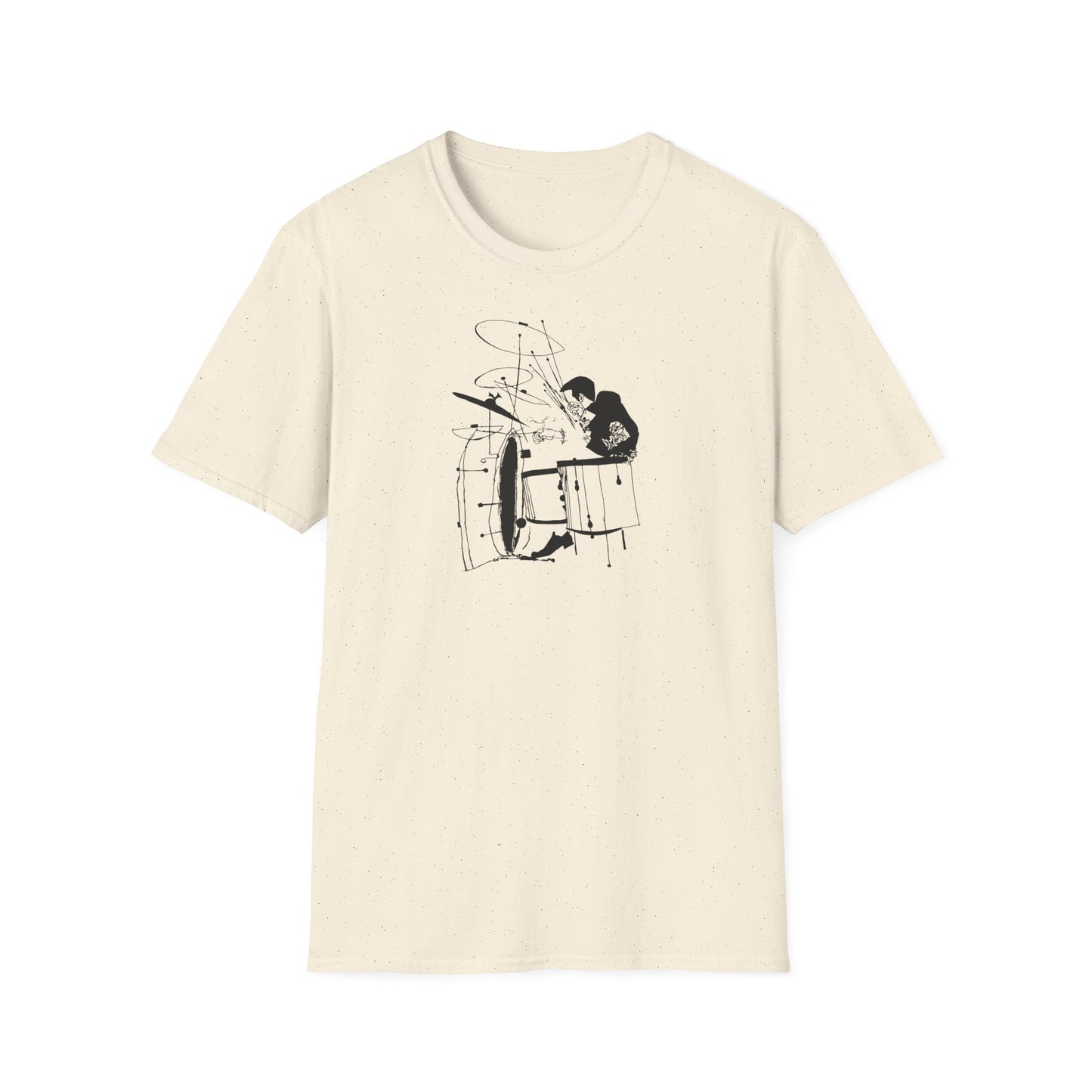 Cream t-shirt with a black ink drawing of a drummer playing a drum set.