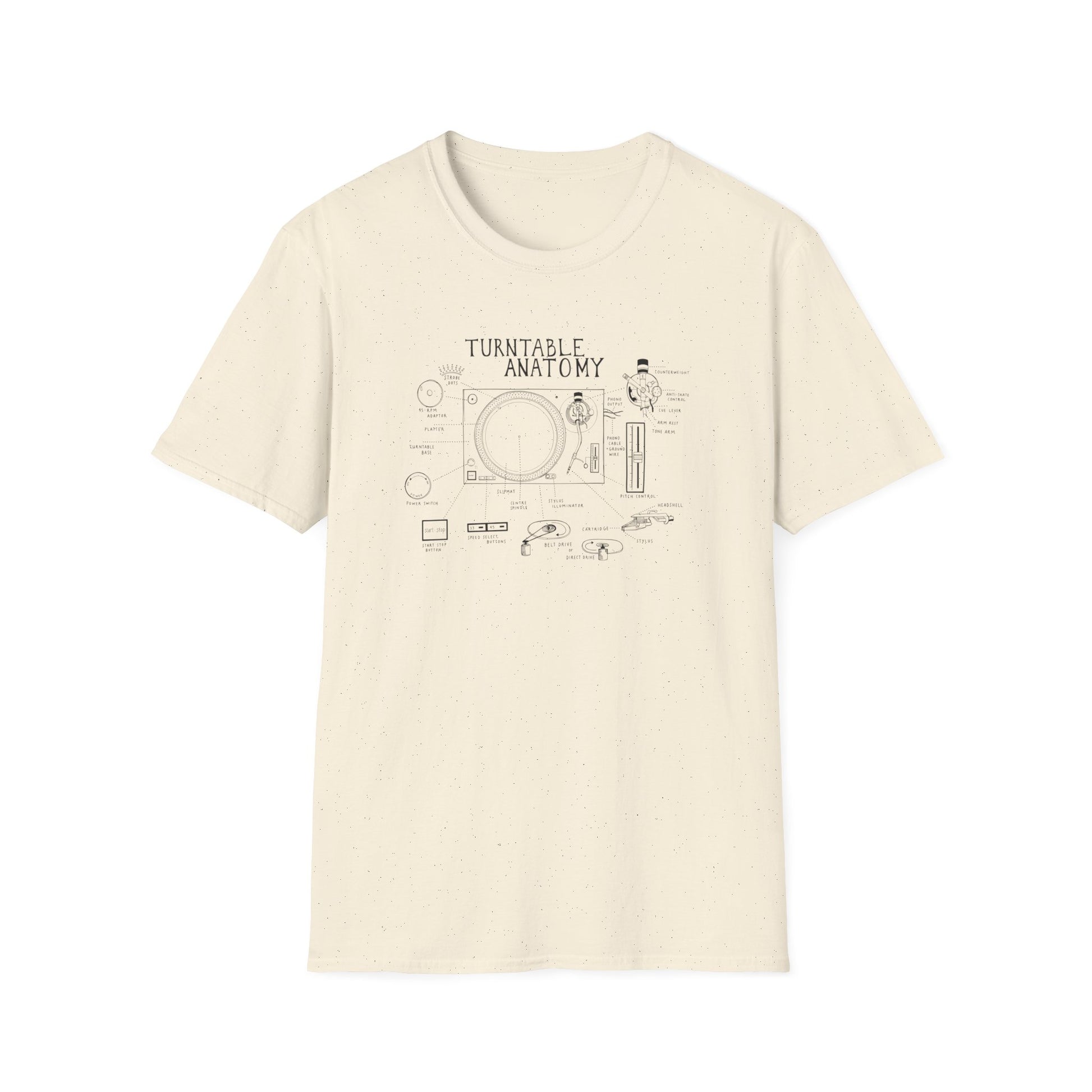 Diagram of turntable anatomy on a cream-colored t-shirt.