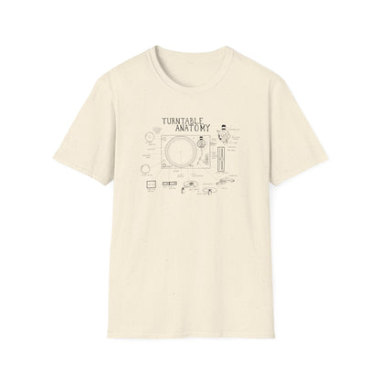 Diagram of turntable anatomy on a cream-colored t-shirt.