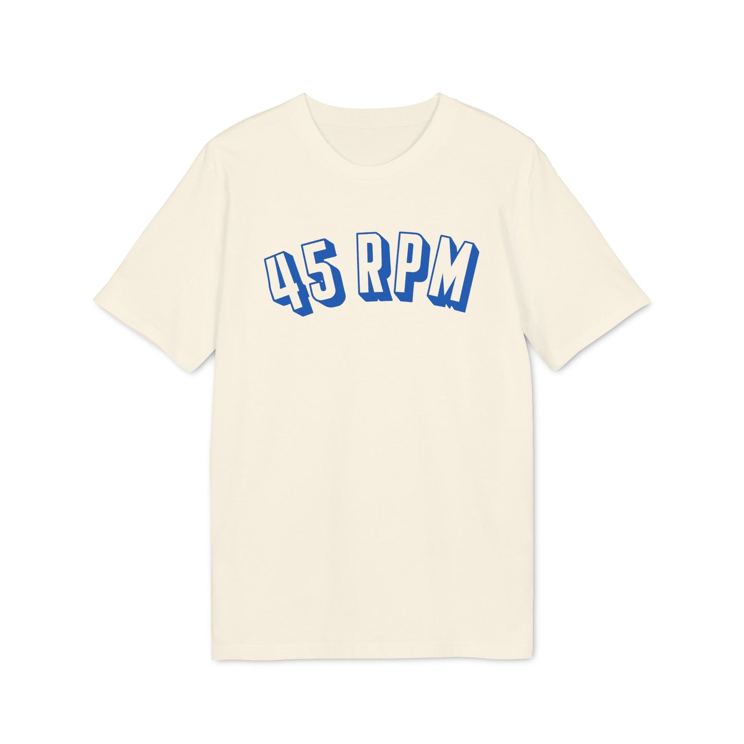 Cream t-shirt with "45 RPM" text in blue, 3D block letters.