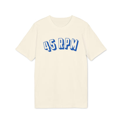 Cream t-shirt with "45 RPM" text in blue, 3D block letters.