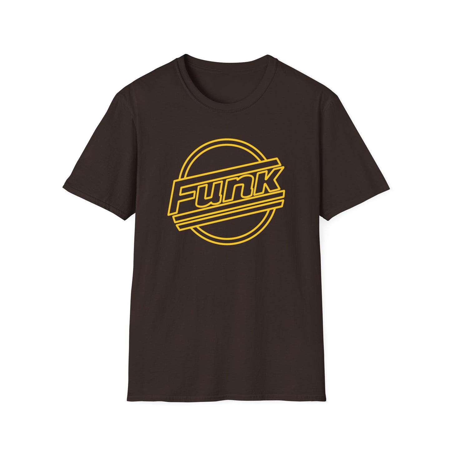 Brown t-shirt with a yellow "Funk" logo in a circular design.
