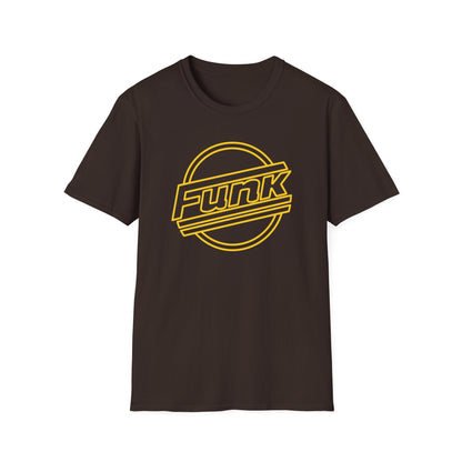 Brown t-shirt with a yellow "Funk" logo in a circular design.