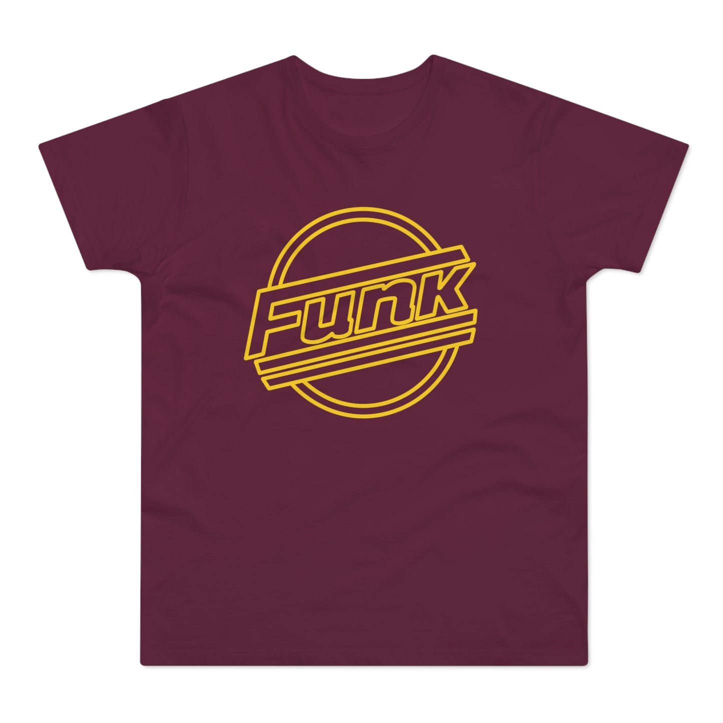 Maroon t-shirt with yellow retro "Funk" logo inside a circle and slanted lines.