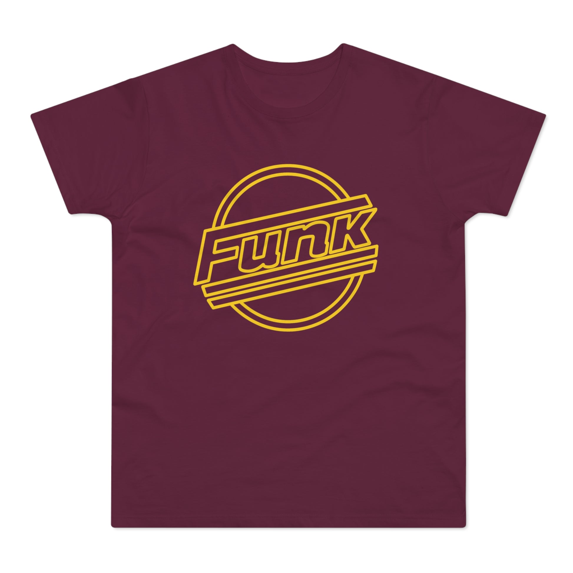 Maroon t-shirt with yellow retro "Funk" logo inside a circle and slanted lines.