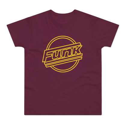 Maroon t-shirt with yellow retro "Funk" logo inside a circle and slanted lines.