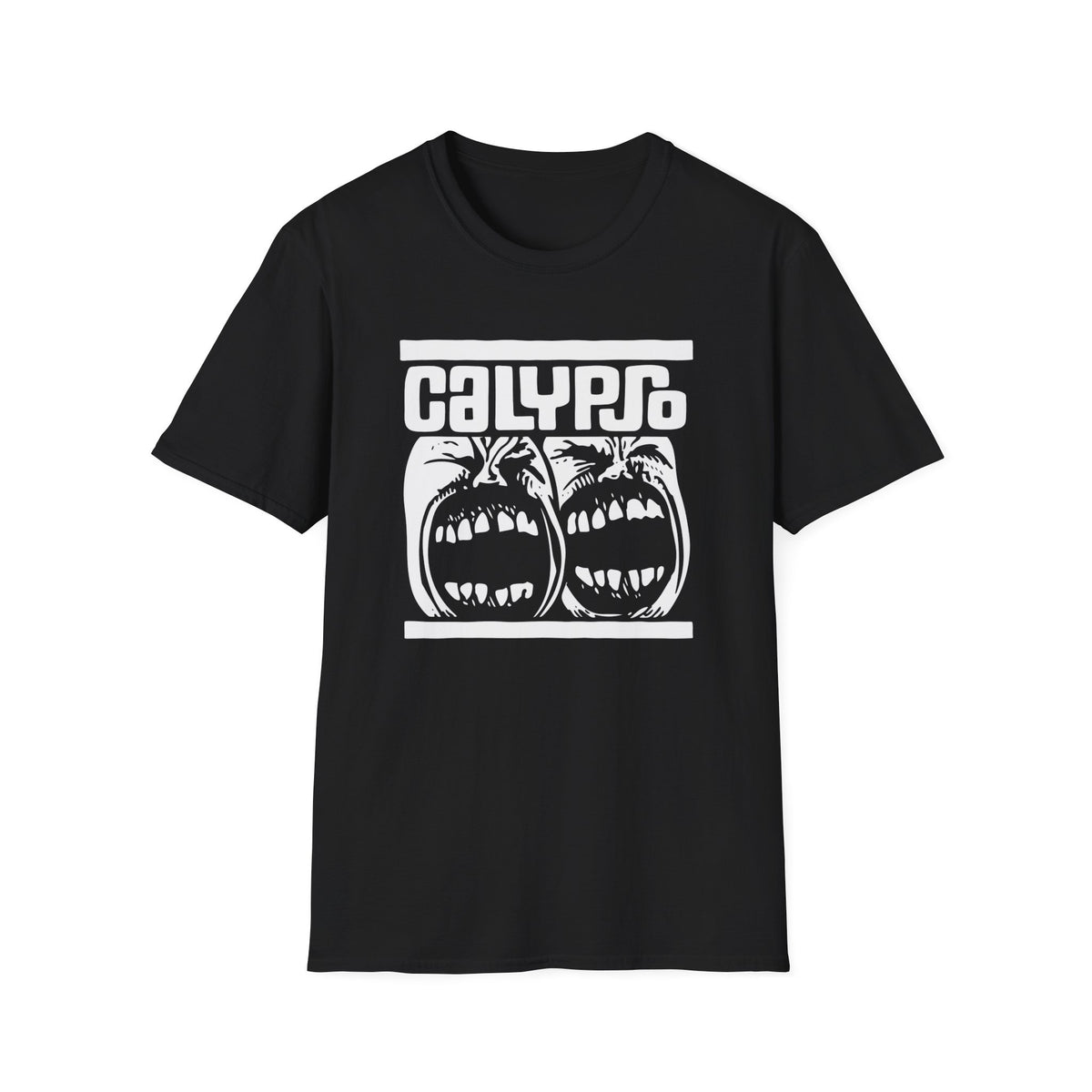 Black t-shirt with white "CALYPSO" text above two screaming faces.