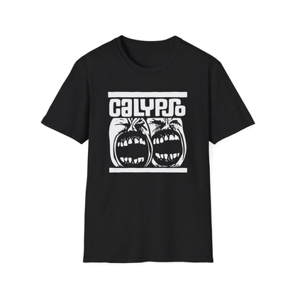 Black t-shirt with white "CALYPSO" text above two screaming faces.