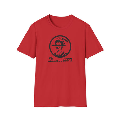 Red t-shirt with a black circular logo featuring a person wearing a hat and the text "Danceteria".